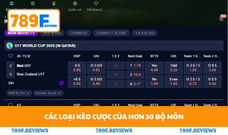 Thể Thao 789F 2 Các loại kèo cược của hơn 30 bộ mônv